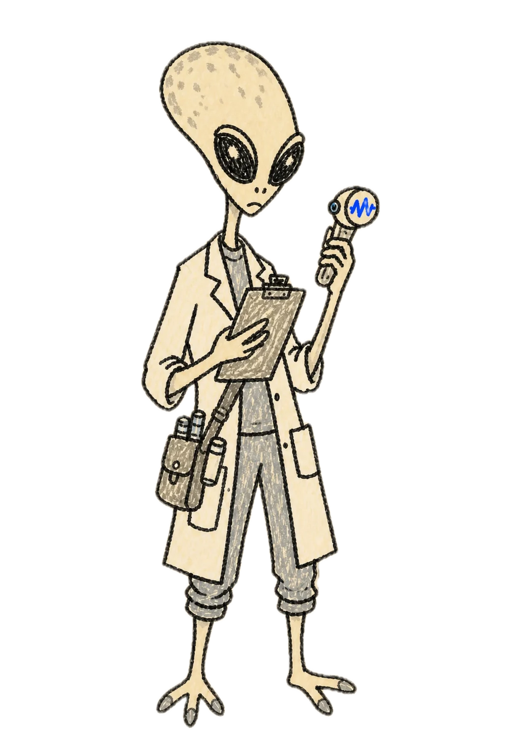 A hand-drawn alien neuroscientist observing human clenching