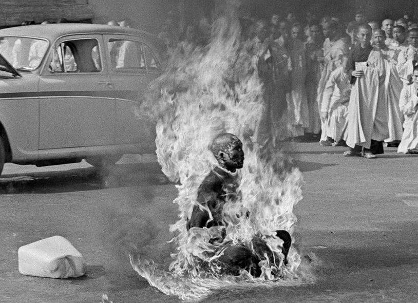 Thích Quảng Đức seated in meditation during his 1963 self-immolation protest in Saigon
