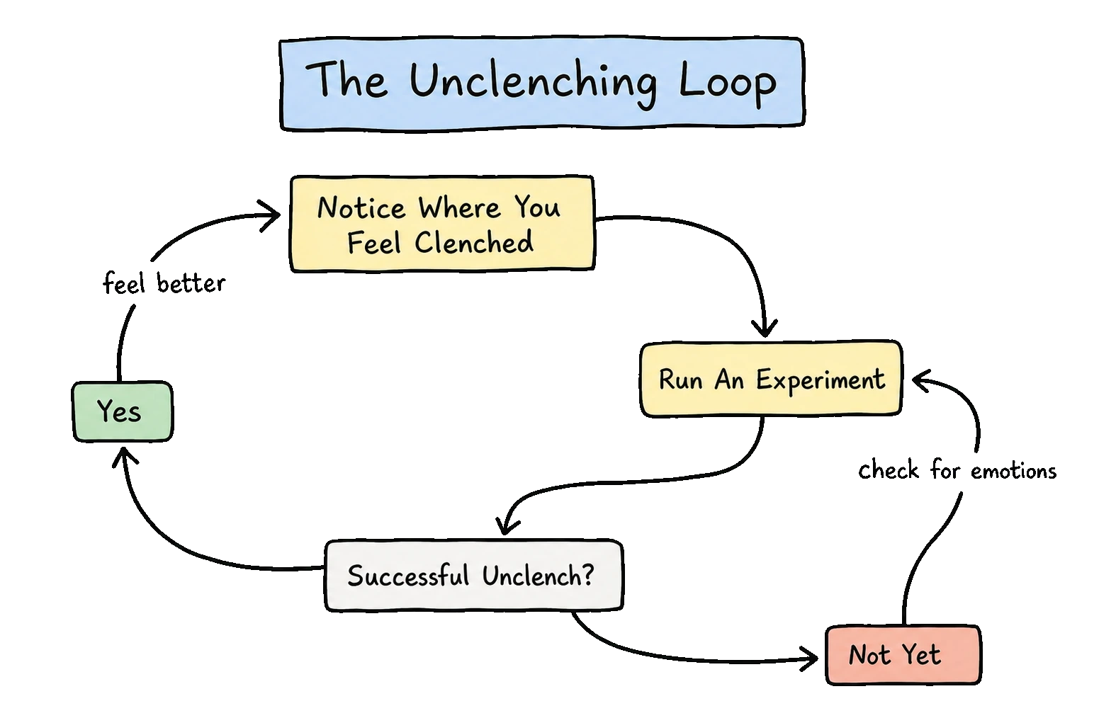 The Unclenching Loop: notice where you feel clenched, run an experiment, check whether it unclenched, repeat
